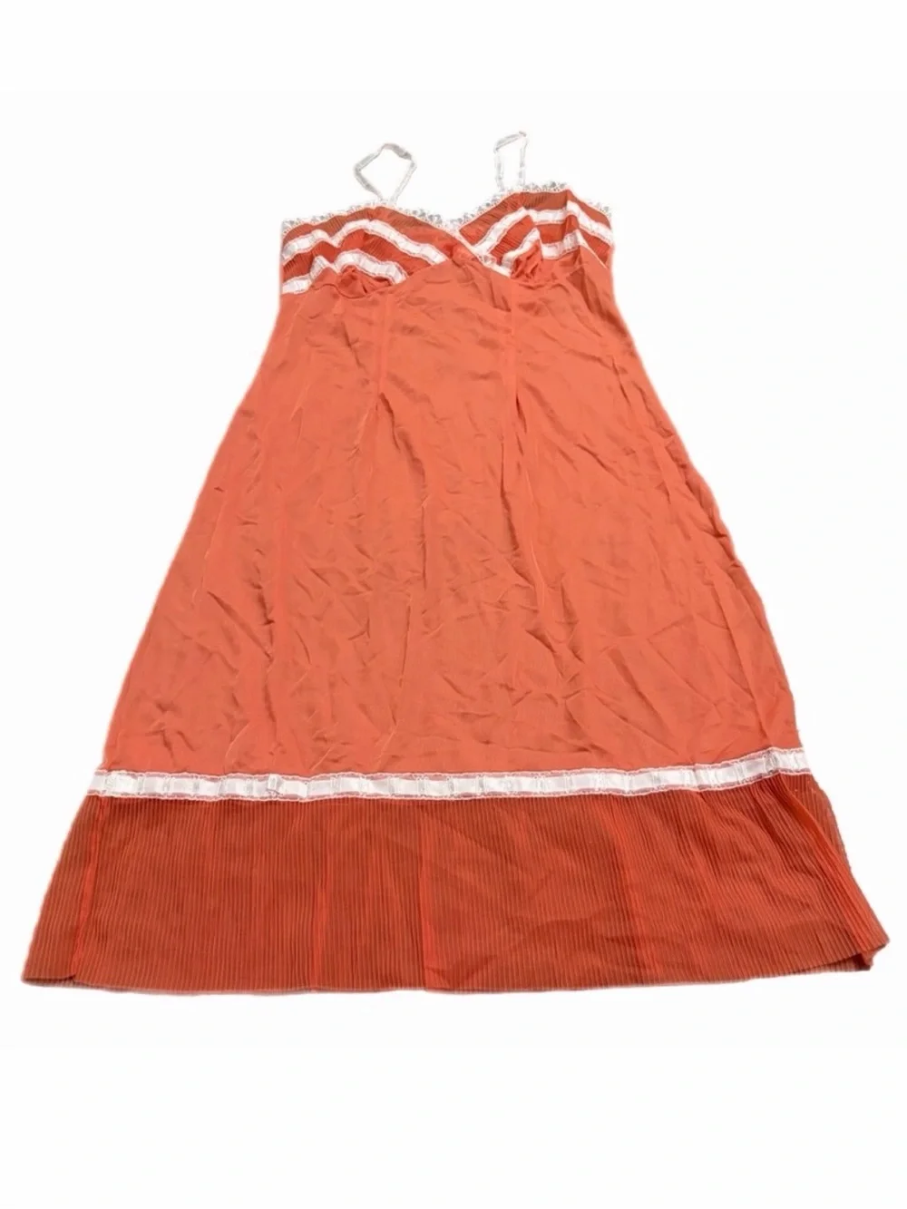 60s/70s European Vintage Pleated Hem & Embroidered Midi Slip Dress (Orange) 44/L